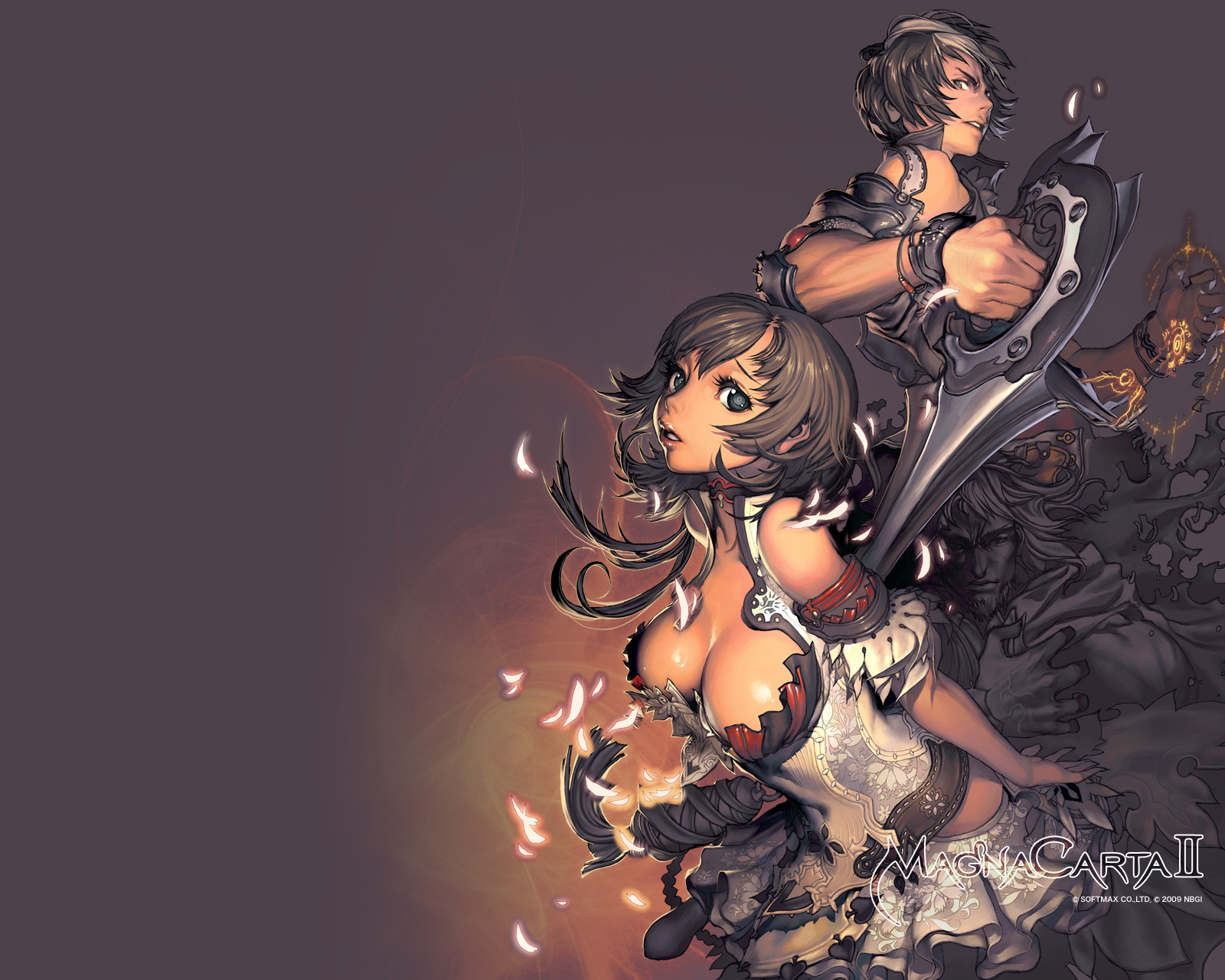 kim hyung tae, juto, zephie, magna carta, magna carta 2, wallpaper, highres, black eyes, black hair, blue eyes, breasts, brown hair, choker, cleavage, feathers, large breasts, lipstick, long hair, makeup, miniskirt, pleated skirt, short hair, skirt, weapon