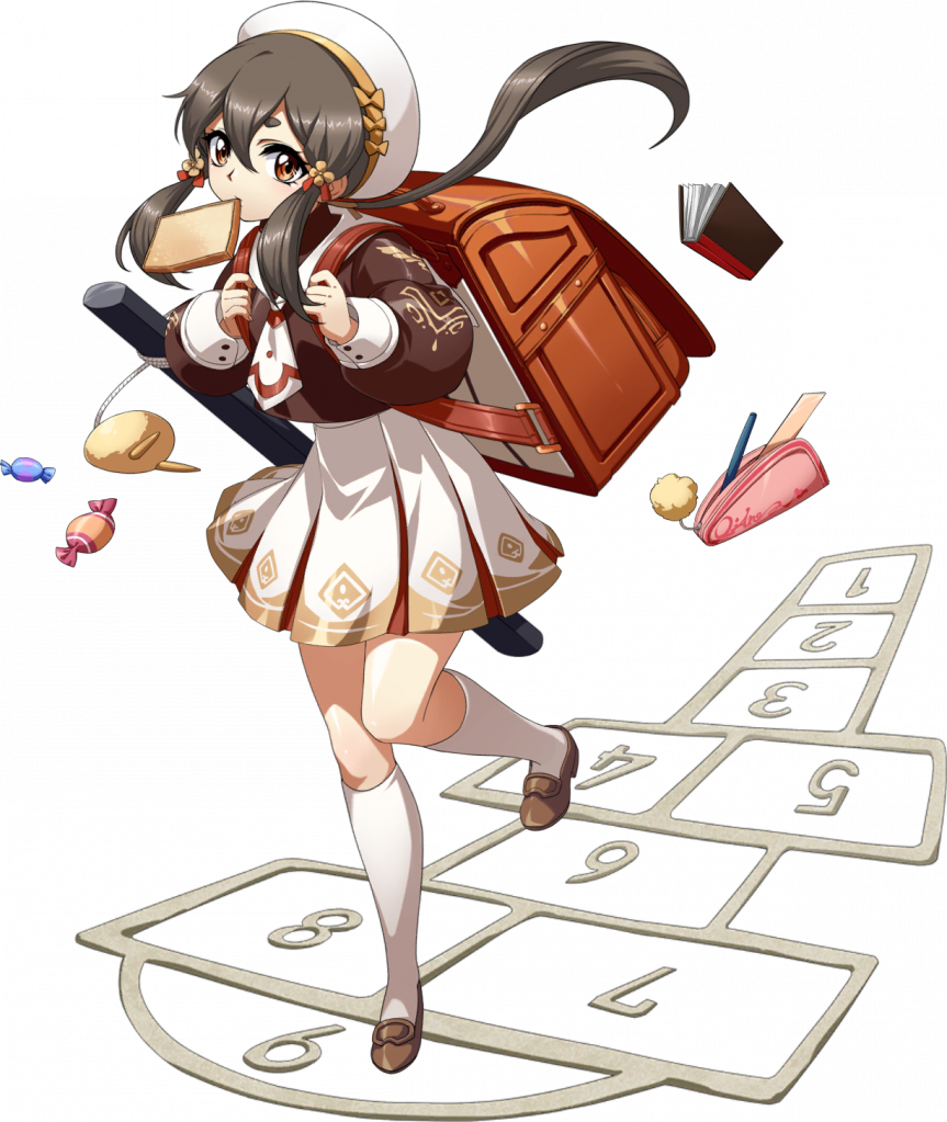 langrisser, langrisser mobile, langrisser re:incarnation, game cg, official art, third-party source, 1girl, backpack, bag, beret, book, bread, bread slice, brown hair, brown shirt, brown shoes, candy, charm (object), floating, floating hair, floating object, food, food in mouth, full body, hair between eyes, hat, holding strap, hopscotch, kneehighs, leg up, loafers, long hair, long sidelocks, long sleeves, looking at viewer, mouth hold, official alternate costume, orange eyes, pencil case, pleated skirt, ponytail, puffy long sleeves, puffy sleeves, randoseru, ruler, school uniform, shirt, shoes, short eyebrows, sidelocks, simple background, skirt, socks, solo, standing, standing on one leg, tachi-e, toast, toast in mouth, transparent background, tsubame (langrisser), white hat, white skirt, white socks