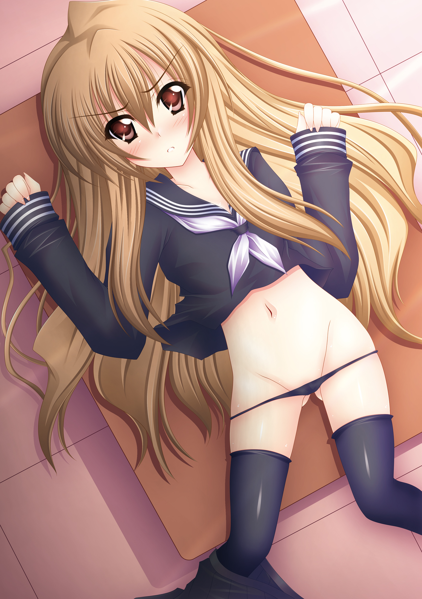 fukunaga yukito, aisaka taiga, toradora!, highres, 00s, 1girl, black serafuku, blush, brown eyes, brown hair, clothes pull, female focus, long hair, lowleg, lowleg panties, navel, panties, school uniform, serafuku, skirt, skirt pull, solo, thighhighs, underwear