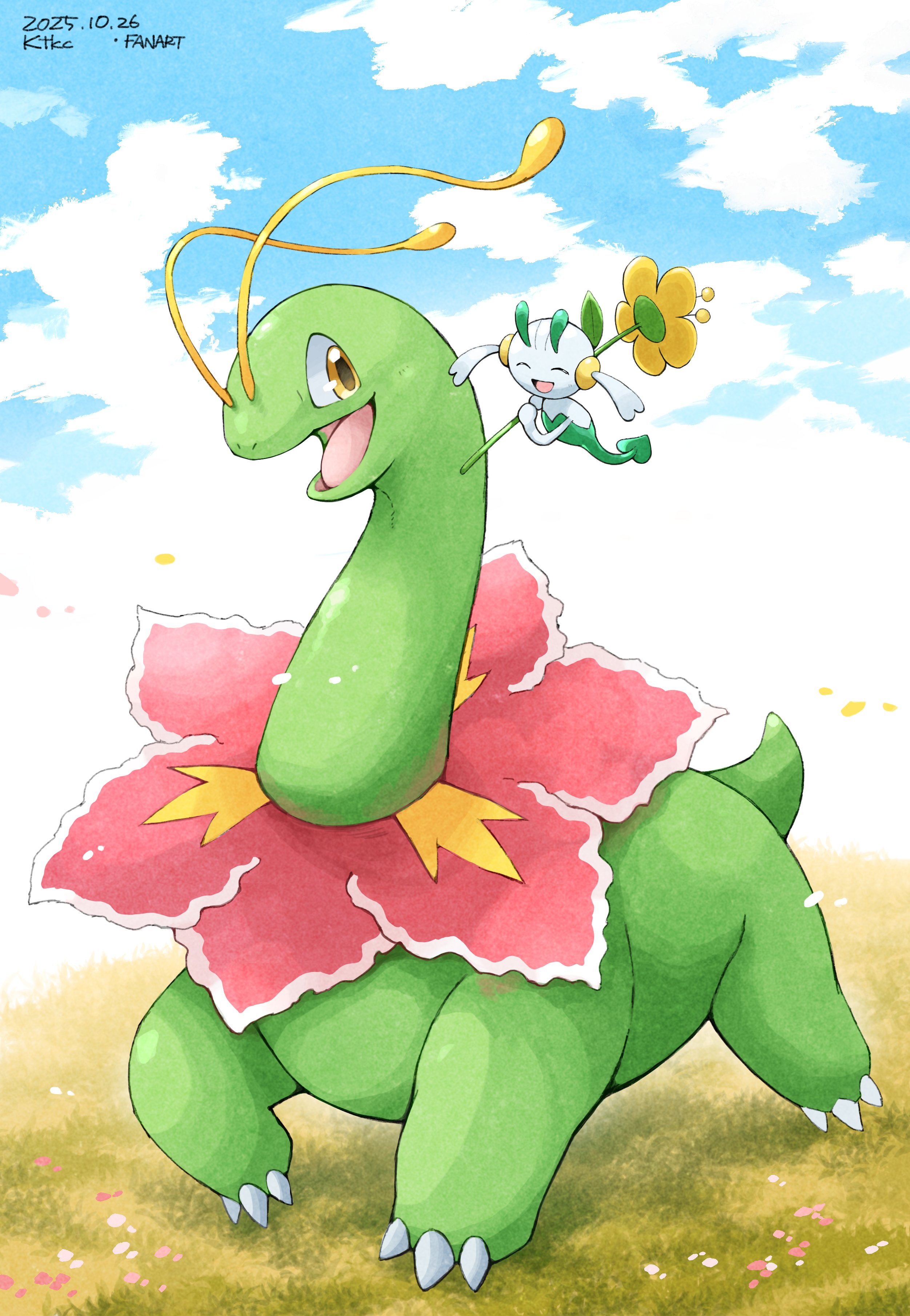 katkichi, floette, floette (yellow flower), meganium, nintendo, pokemon, absurdres, highres, antennae, blue sky, closed eyes, cloud, flower, gen 2 pokemon, gen 6 pokemon, grass, holding, holding flower, no humans, open mouth, pokemon (creature), pokemon focus, sky, smile, yellow eyes