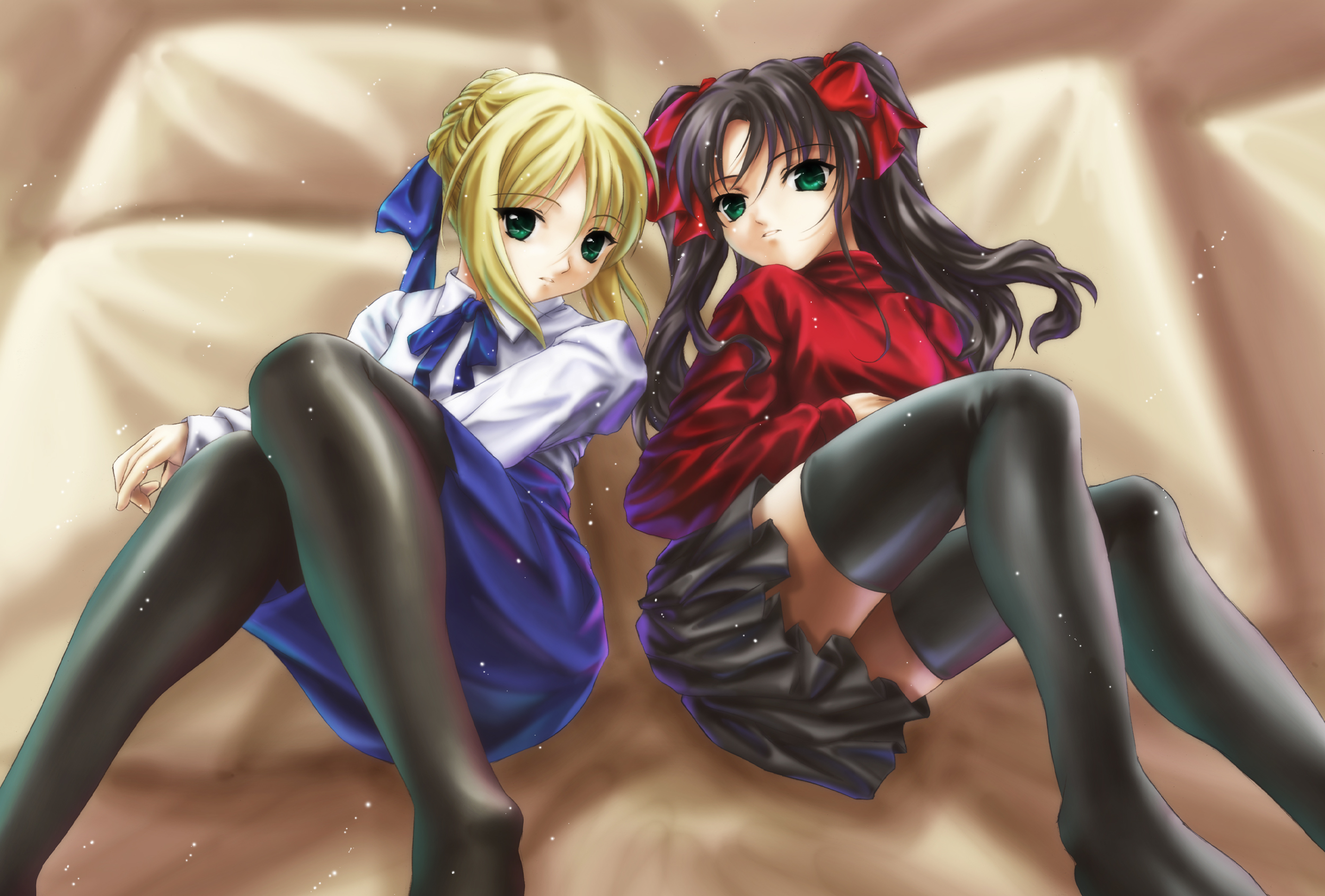 artoria pendragon (fate), saber (fate), tohsaka rin, fate/stay night, fate (series), highres, 00s, 2girls, black hair, black thighhighs, blonde hair, dress, green eyes, hair ornament, hair ribbon, legs, long hair, long legs, lying, miniskirt, multiple girls, pantyhose, pleated skirt, ponytail, ribbon, skirt, sweater, thighhighs, twintails, two side up, zettai ryouiki