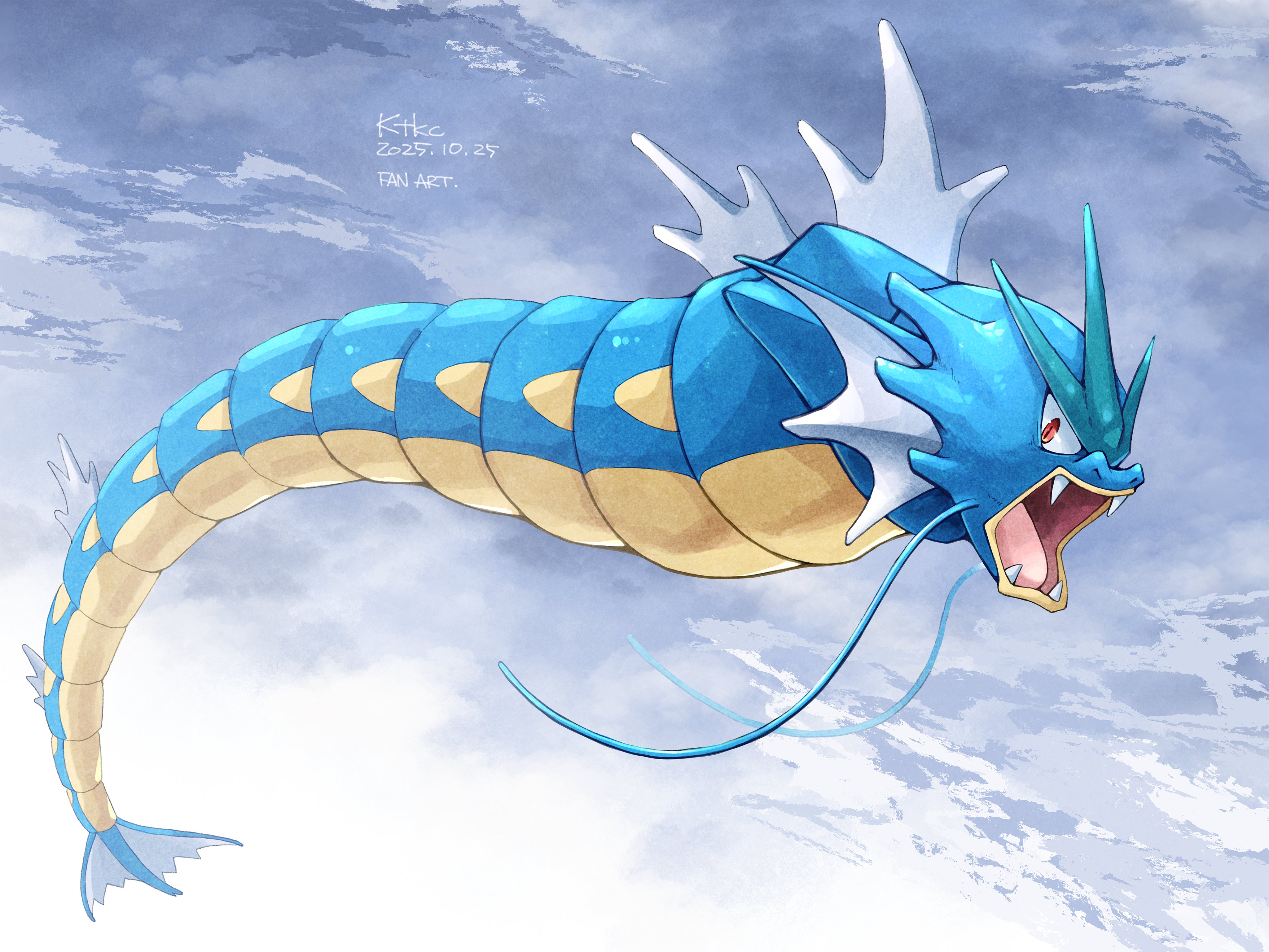katkichi, gyarados, nintendo, pokemon, absurdres, highres, fangs, full body, gen 1 pokemon, no humans, open mouth, pokemon (creature), pokemon focus, red eyes, sharp teeth, solo, tail, teeth, tongue, whiskers