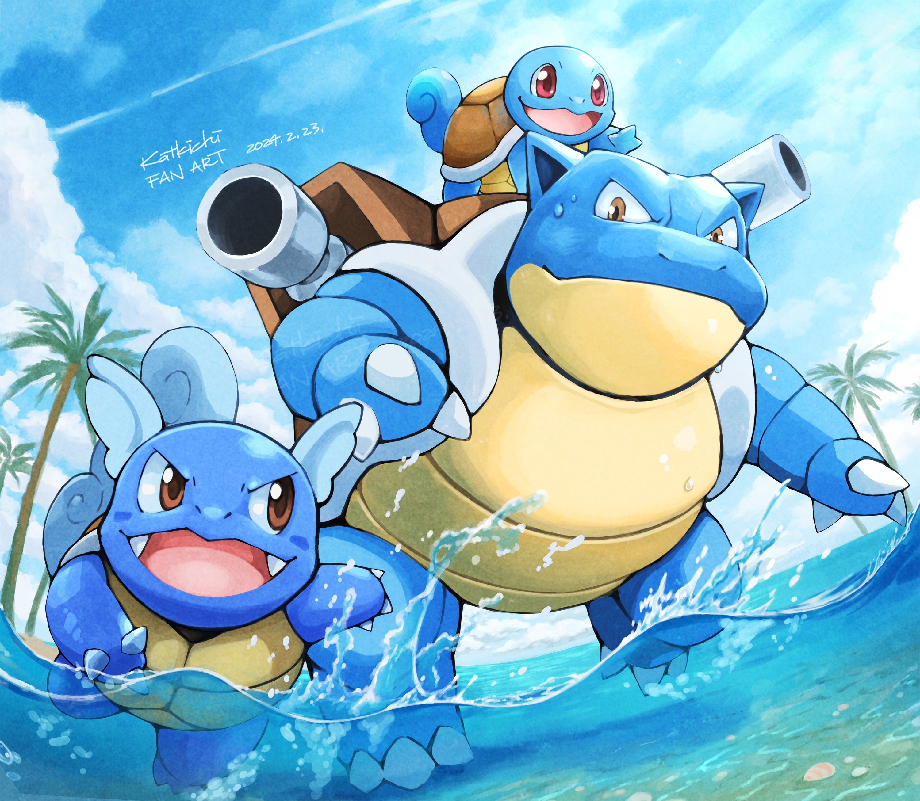 katkichi, blastoise, squirtle, wartortle, nintendo, pokemon, absurdres, highres, blue sky, brown eyes, cannon, claws, closed mouth, cloud, evolutionary line, fangs, gen 1 pokemon, no humans, open mouth, outdoors, palm tree, pokemon (creature), pokemon focus, red eyes, shell, sky, smile, tail, tree, turtle shell, water, water cannon