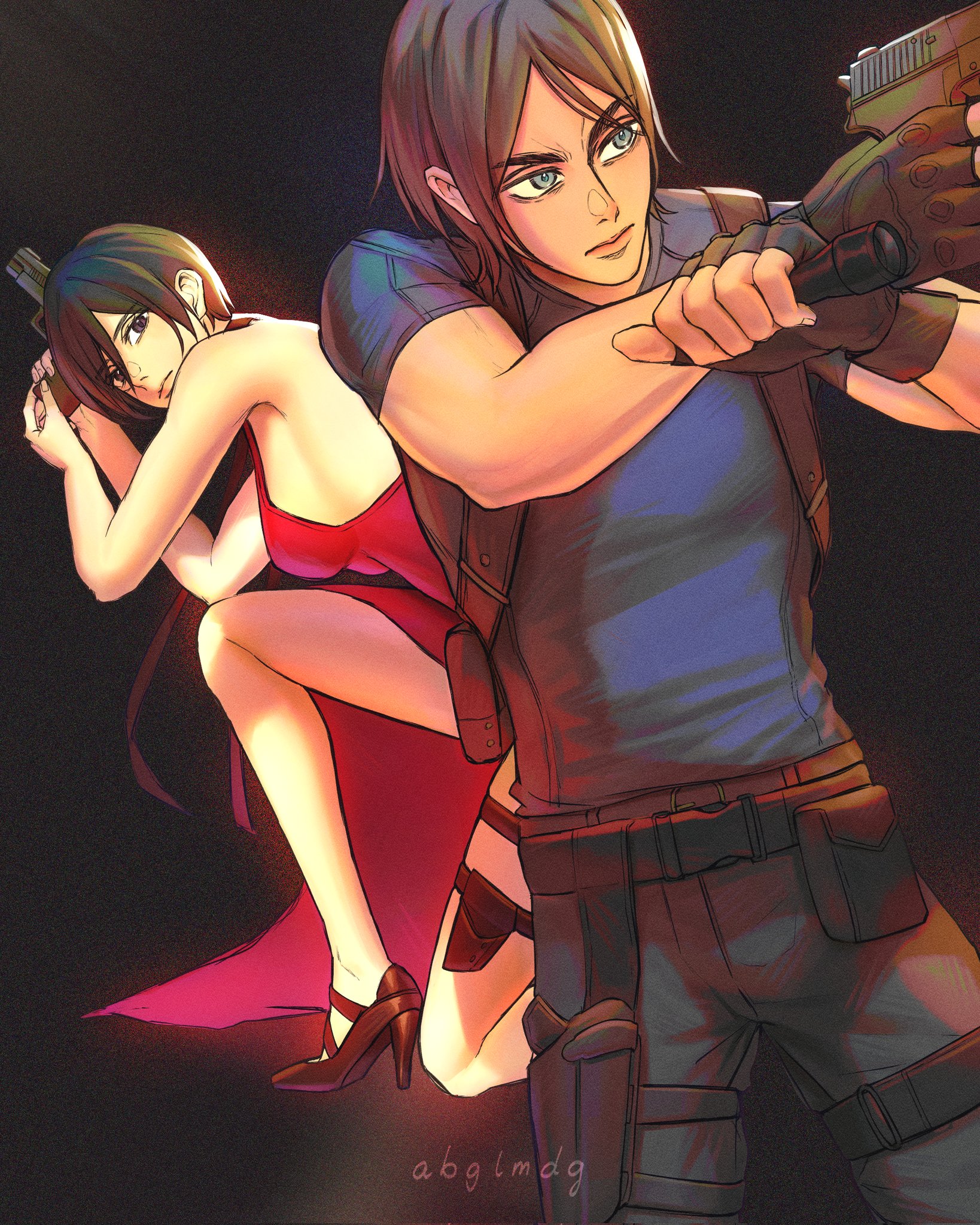 abglmdg, ada wong, eren yeager, leon s. kennedy, mikasa ackerman, shingeki no kyojin, highres, 1boy, 1girl, ada wong (cosplay), artist name, bare arms, bare shoulders, black background, black hair, black pants, black shoes, blue shirt, breasts, brown hair, cosplay, cowboy shot, dress, facial scar, fingerless gloves, flashlight, gloves, gun, hair between eyes, handgun, high heels, holding, holding flashlight, holding gun, holding weapon, holster, leon s. kennedy (cosplay), long dress, medium breasts, on one knee, pants, parted bangs, red dress, scar, scar on cheek, scar on face, shirt, shoes, short hair, side slit, sideboob, thigh holster, weapon