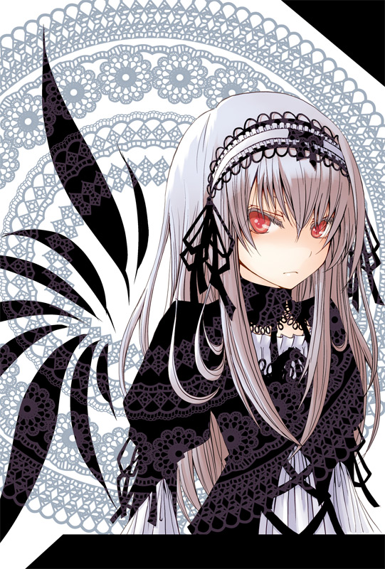 ushi (ushi manji), suigintou, rozen maiden, silver hair, bad id, bad pixiv id, 00s, dress, frills, hairband, long hair, red eyes, solo, wings
