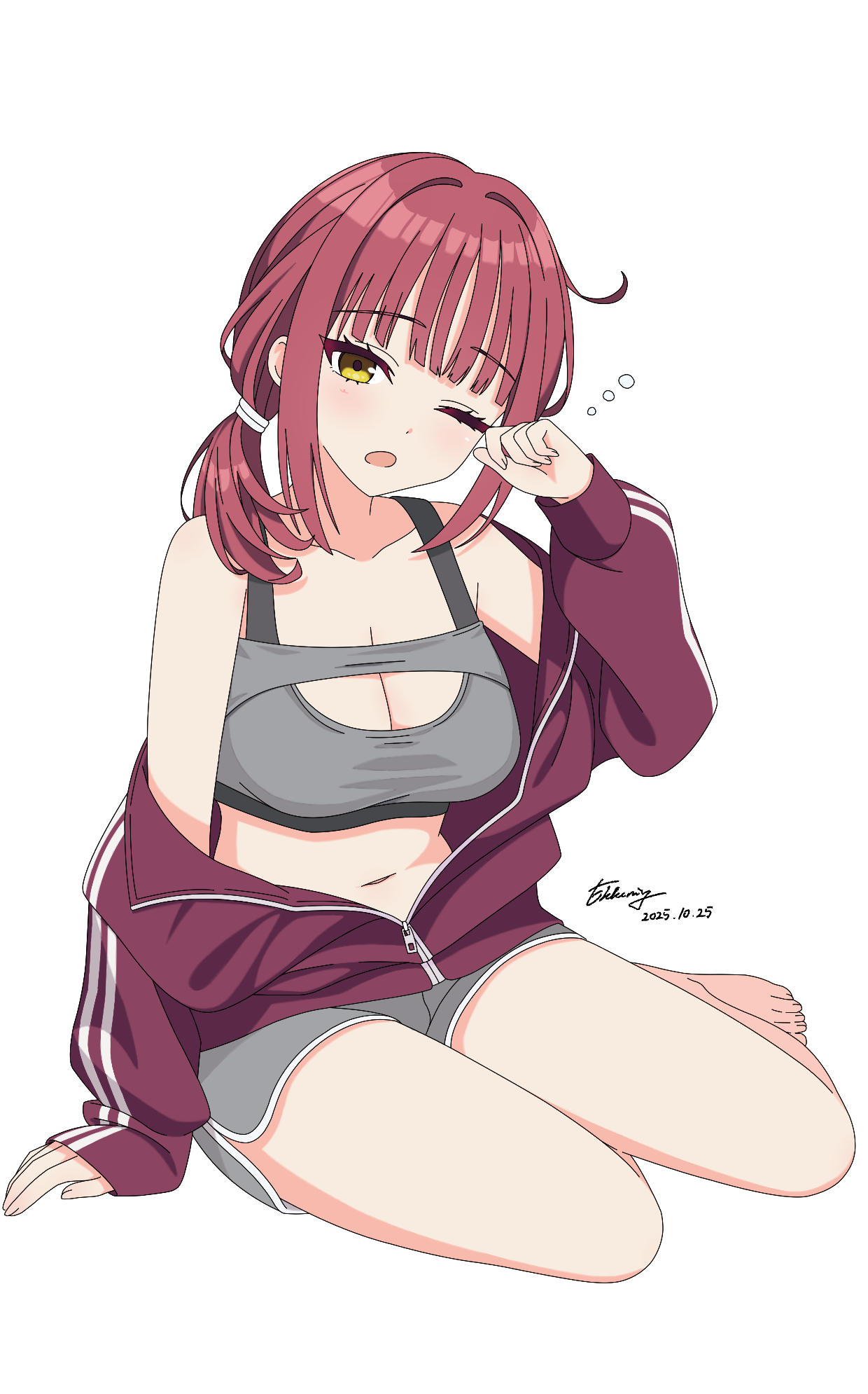 xiaoming1625, limelight lemonade jam, commentary, highres, 1girl, 2025, ;d, arm at side, bare shoulders, barefoot, blunt bangs, blush, breasts, cleavage, cowlick, dated, dolphin shorts, eyelashes, full body, futamihara ririko, grey shorts, grey sports bra, hair intakes, jacket, jacket partially removed, large breasts, looking at viewer, low ponytail, medium hair, one eye closed, open clothes, open jacket, open mouth, partially unzipped, ponytail, red hair, red jacket, shorts, sidelocks, signature, simple background, sitting, sleepy, smile, solo, sports bra, squeans, straight hair, thighs, track jacket, tsurime, white background, yellow eyes, yokozuwari