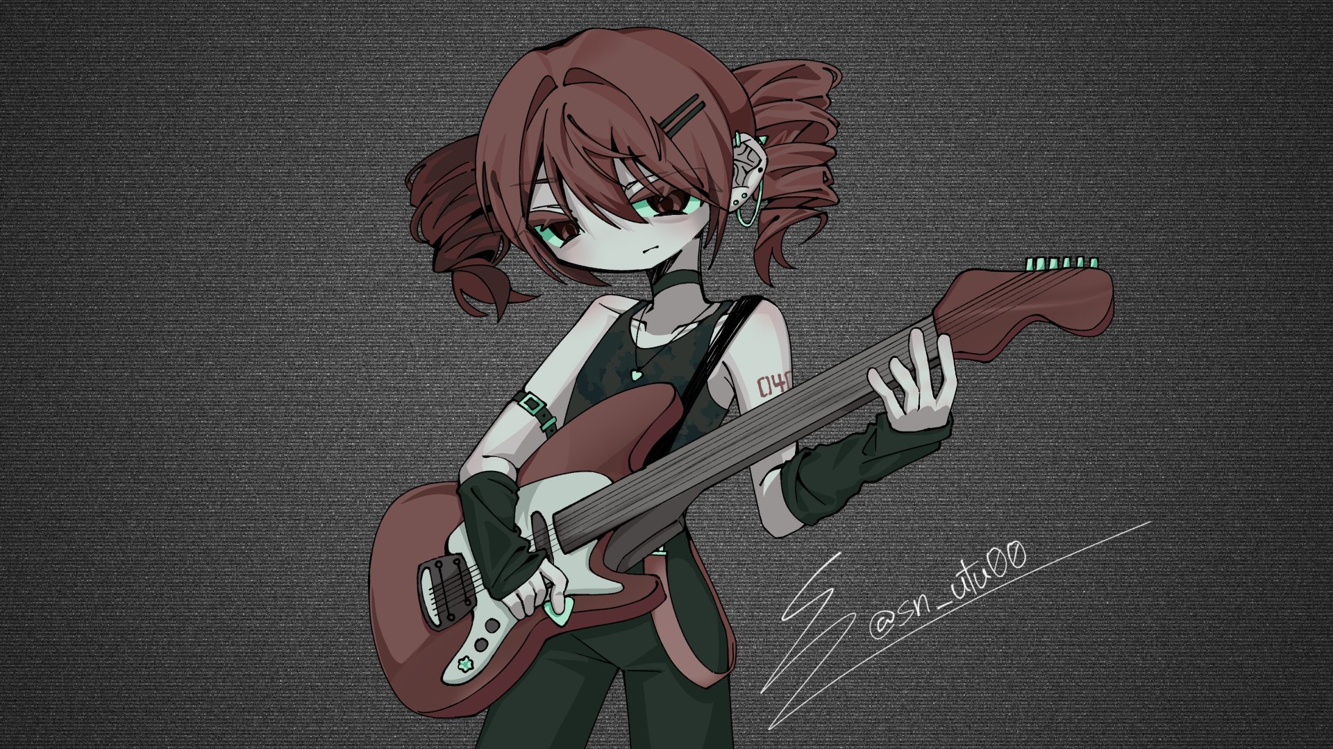 sn (sn utu00), kasane teto, utau, highres, 1girl, alternate costume, bare shoulders, black arm warmers, black choker, black pants, choker, closed mouth, cowboy shot, drill hair, ear chain, ear piercing, electric guitar, guitar, holding, holding guitar, holding instrument, holding plectrum, instrument, jewelry, linked piercing, looking at viewer, music, necklace, pants, piercing, playing guitar, playing instrument, plectrum, red eyes, red hair, shirt, signature, sleeveless, sleeveless shirt, solo, standing, twin drills