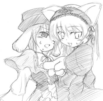 souseiseki, suigintou, rozen maiden, lowres, 00s, 2girls, animal ears, multiple girls, sketch