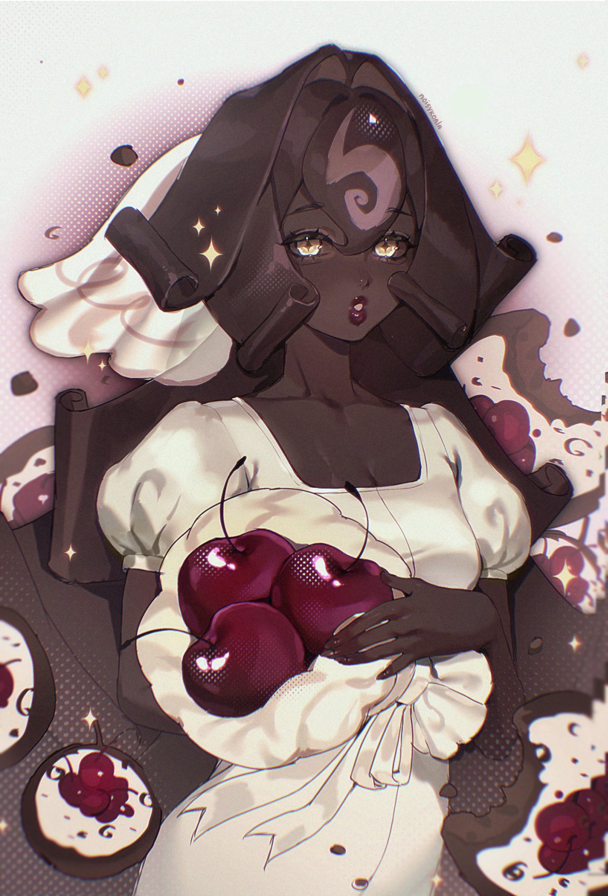 noisykoala, black forest cookie, cookie run, cookie run: kingdom, hashtag-only commentary, highres, 1girl, artist name, bouquet, breasts, bridal veil, brown hair, cherry, chocolate, chocolate chip, chromatic aberration, cleavage, collarbone, cookie, cowboy shot, cream, cross-shaped pupils, crumbs, dark-skinned female, dark skin, double-parted bangs, dress, eyelashes, film grain, floating food, flower, food, food-themed hair, food bite, fruit, hair between eyes, halftone, halftone background, holding, holding bouquet, long hair, looking at viewer, medium breasts, no sclera, parted lips, puffy short sleeves, puffy sleeves, red lips, short sleeves, sparkle, square neckline, symbol-shaped pupils, teeth, thick lips, veil, very long hair, white background, white dress, yellow eyes