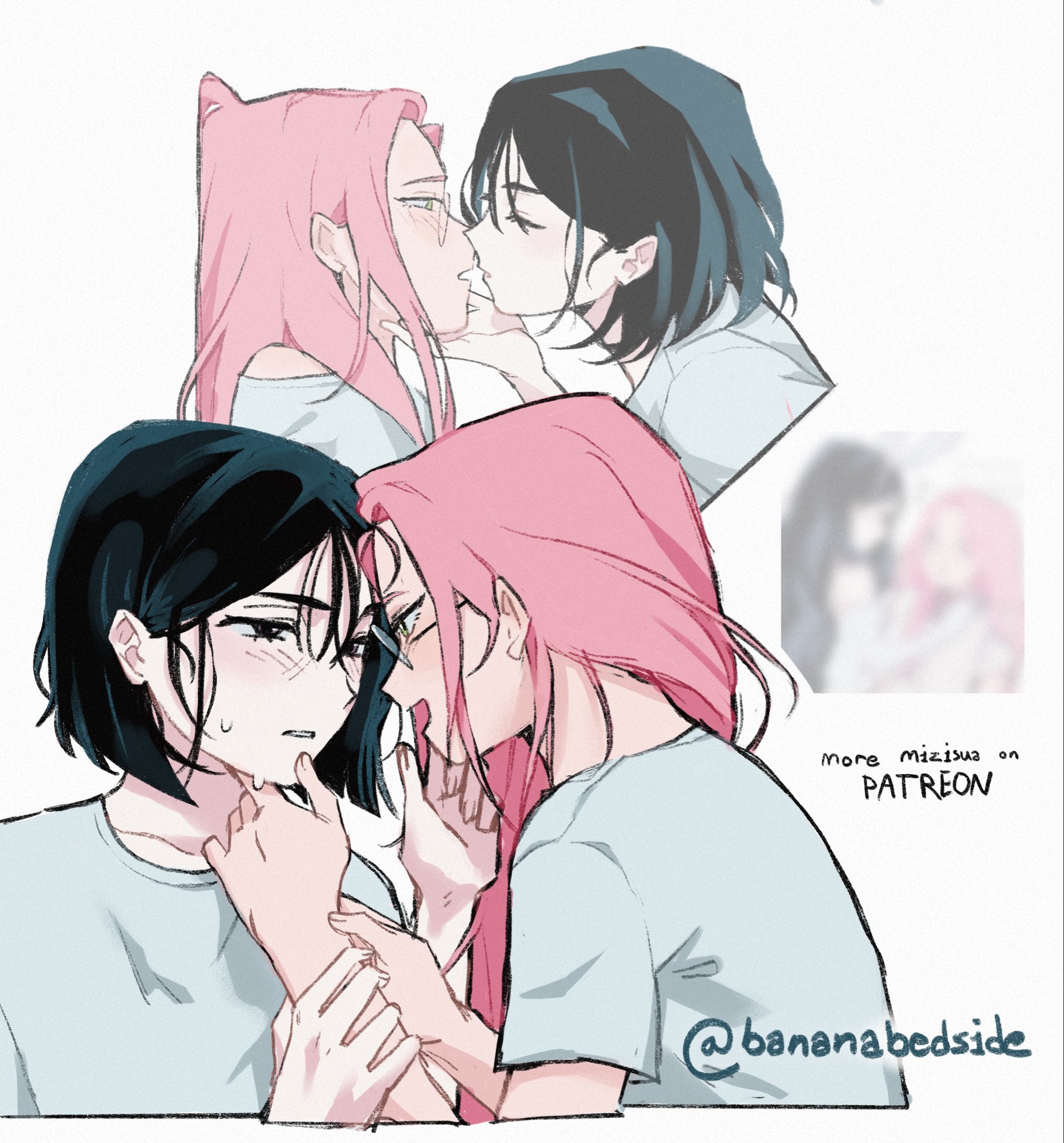 rayne (bananabedside), mizi (alien stage), sua (alien stage), alien stage, commentary, english commentary, highres, paid reward available, 2girls, black hair, glasses, hand on another's chin, imminent kiss, long hair, multiple girls, pink hair, shirt, short hair, signature, twitter username, white shirt, yuri