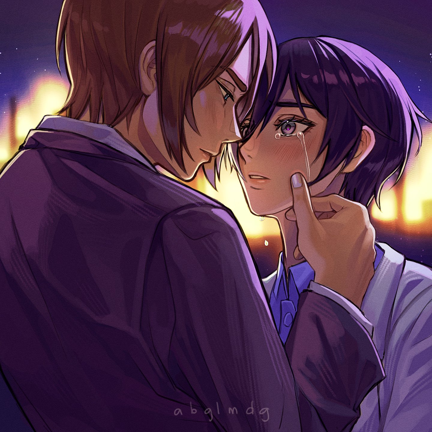 abglmdg, eren yeager, mikasa ackerman, shingeki no kyojin, highres, 1boy, 1girl, artist name, black hair, black jacket, blue shirt, blurry, blurry background, blush, brown hair, collared shirt, couple, crying, hair between eyes, hand on another's cheek, hand on another's face, hetero, jacket, looking at another, parted bangs, parted lips, shirt, short hair, suit jacket, tears, upper body, white jacket, white shirt, wiping tears
