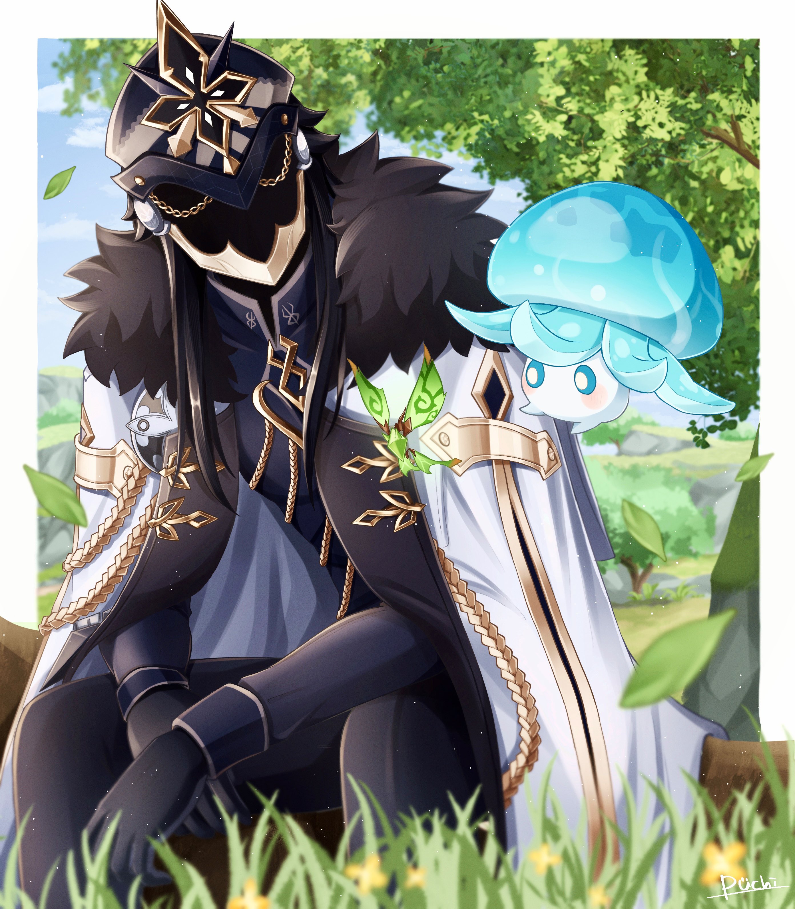 uouzzz, capitano (genshin impact), genshin impact, absurdres, commentary request, highres, 1boy, black fur, black gloves, black hair, black helmet, black pants, black shirt, cape, collared shirt, creature, fur-trimmed cape, fur trim, gloves, gold trim, grass, helmet, leaf, long hair, long sleeves, male focus, outdoors, pants, shirt, sitting, sleeve cuffs, solo, tree, white cape