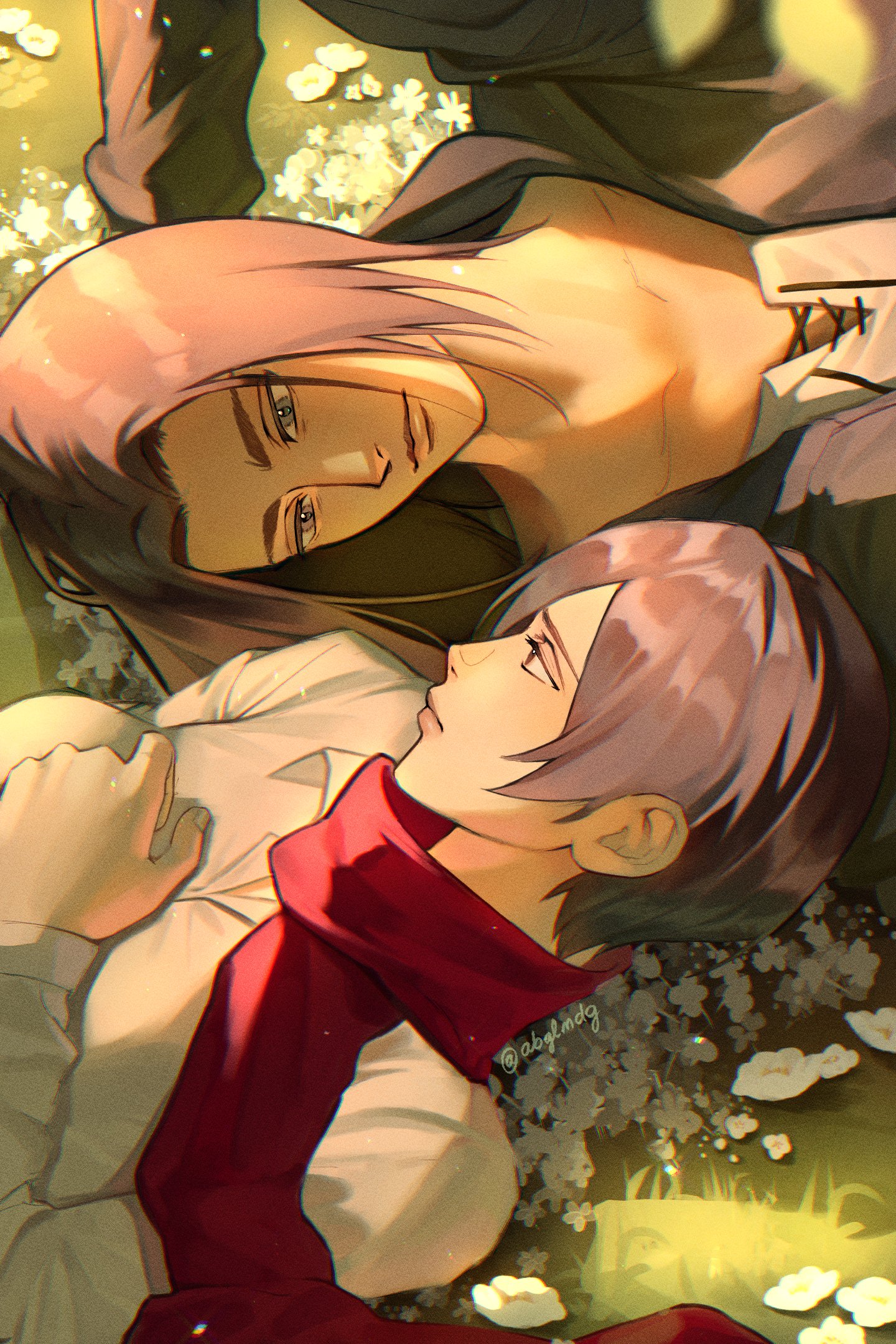abglmdg, eren yeager, mikasa ackerman, shingeki no kyojin, highres, 1boy, 1girl, arm behind head, black hair, black jacket, breasts, brown hair, collared shirt, couple, field, flower, flower field, hand on own chest, hetero, jacket, looking at another, medium breasts, medium hair, parted bangs, red scarf, scarf, shirt, short hair, twintails, upper body, white flower, white shirt