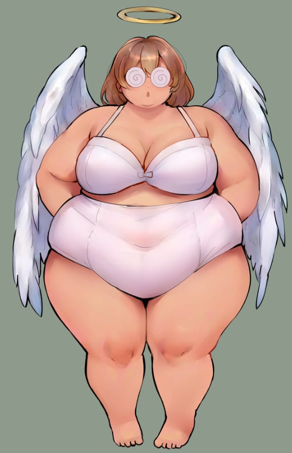 pocharin, original, 1girl, angel, angel wings, arms behind back, bob cut, bra, breasts, brown hair, cleavage, coke-bottle glasses, covered navel, fat, fat woman, feathered wings, glasses, halo, high-waist panties, large breasts, medium hair, open mouth, panties, pink bra, pink panties, round eyewear, simple background, solo, standing, thick thighs, thighs, underwear, white wings, wide hips, wings