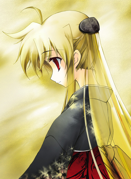 fate testarossa, lyrical nanoha, mahou shoujo lyrical nanoha, 00s, blonde hair, japanese clothes, kimono, red eyes, solo
