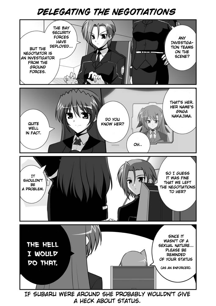 mikage takashi, ginga nakajima, teana lanster, lyrical nanoha, mahou shoujo lyrical nanoha, mahou shoujo lyrical nanoha strikers, hard-translated, third-party edit, translated, 00s, 4koma, comic, english text, greyscale, monochrome, pantyhose
