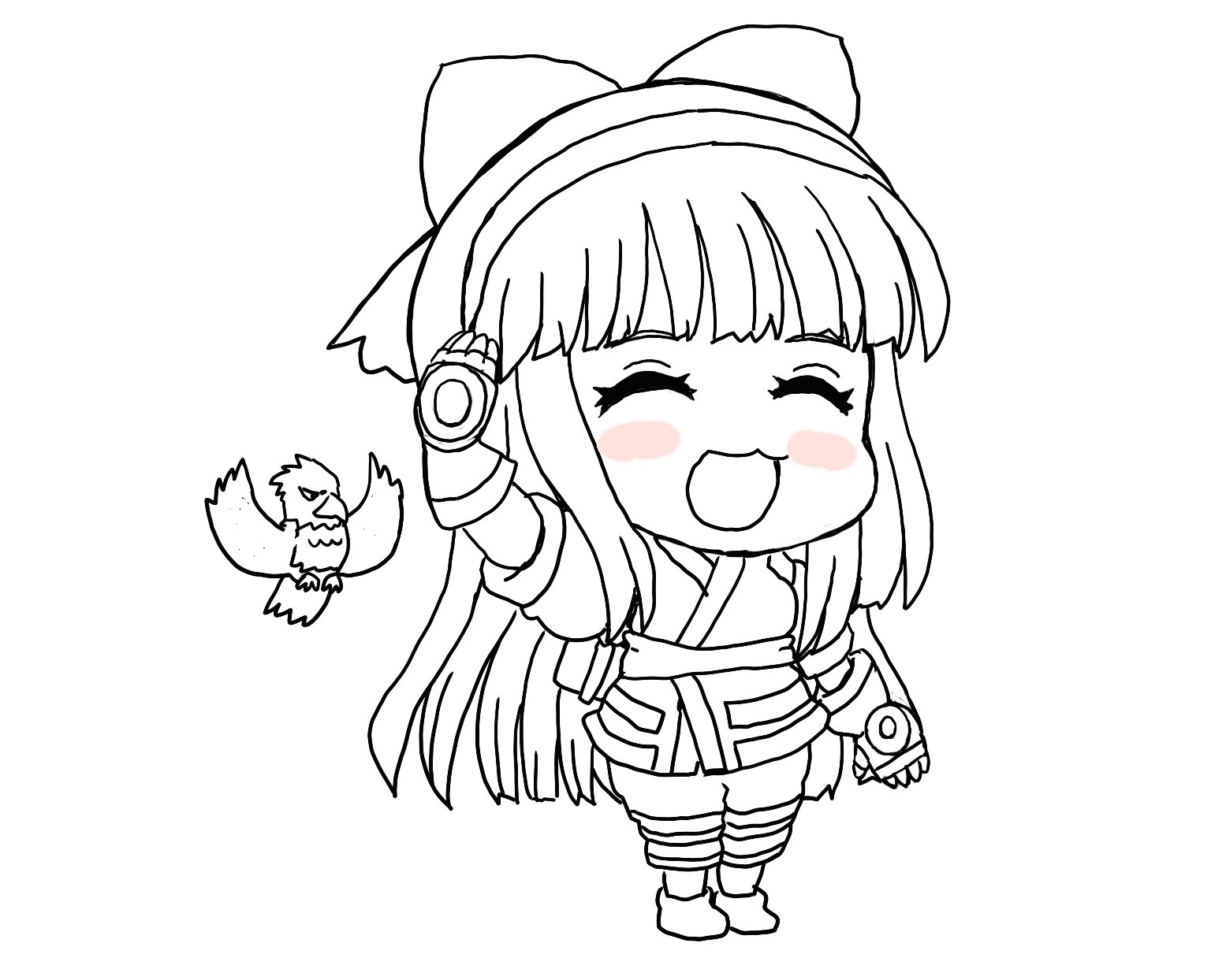 mamahaha, nakoruru, samurai spirits, snk, the king of fighters, highres, 1girl, ainu clothes, arm up, breasts, chibi, closed mouth, fingerless gloves, gloves, hair ribbon, happy, legs, long hair, monochrome, open mouth, pants, ribbon, sketch, small breasts, smile, thighs, tongue