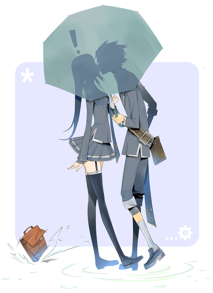 kugatsu takaaki, original, bad id, bad pixiv id, highres, !, 1boy, 1girl, bag, black thighhighs, couple, garter belt, hetero, implied kiss, kiss, long hair, miniskirt, necktie, pleated skirt, rain, satchel, school uniform, shared umbrella, shoes, short hair, silhouette, skirt, socks, thighhighs, umbrella, zettai ryouiki