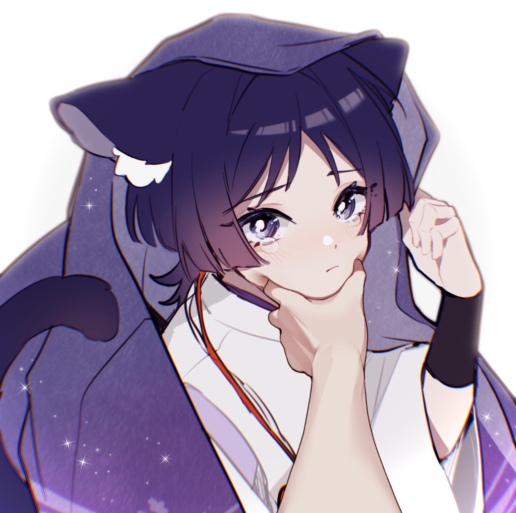 w02 14, scaramouche (genshin impact), scaramouche (kabukimono) (genshin impact), genshin impact, highres, 1boy, animal ear fluff, animal ears, armor, blunt ends, bright pupils, cat boy, cat ears, cat tail, closed mouth, clothing cutout, crying, crying with eyes open, eyelashes, hand up, japanese armor, japanese clothes, kariginu, kimono, kote, kurokote, layered sleeves, light blush, looking at viewer, male focus, meme, pom pom (clothes), pov cheek grabbing (meme), purple eyes, purple hair, purple kimono, purple sleeves, purple veil, shoulder cutout, solo, string, tail, tears, three-quarter sleeves, upper body, veil, white background, white pupils, white sleeves, wispy bangs