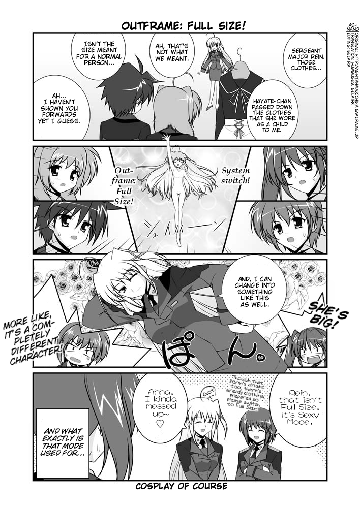 mikage takashi, caro ru lushe, erio mondial, reinforce zwei, subaru nakajima, teana lanster, yagami hayate, lyrical nanoha, mahou shoujo lyrical nanoha, mahou shoujo lyrical nanoha strikers, hard-translated, third-party edit, translated, 00s, 1boy, 4koma, 5girls, comic, english text, greyscale, monochrome, multiple girls