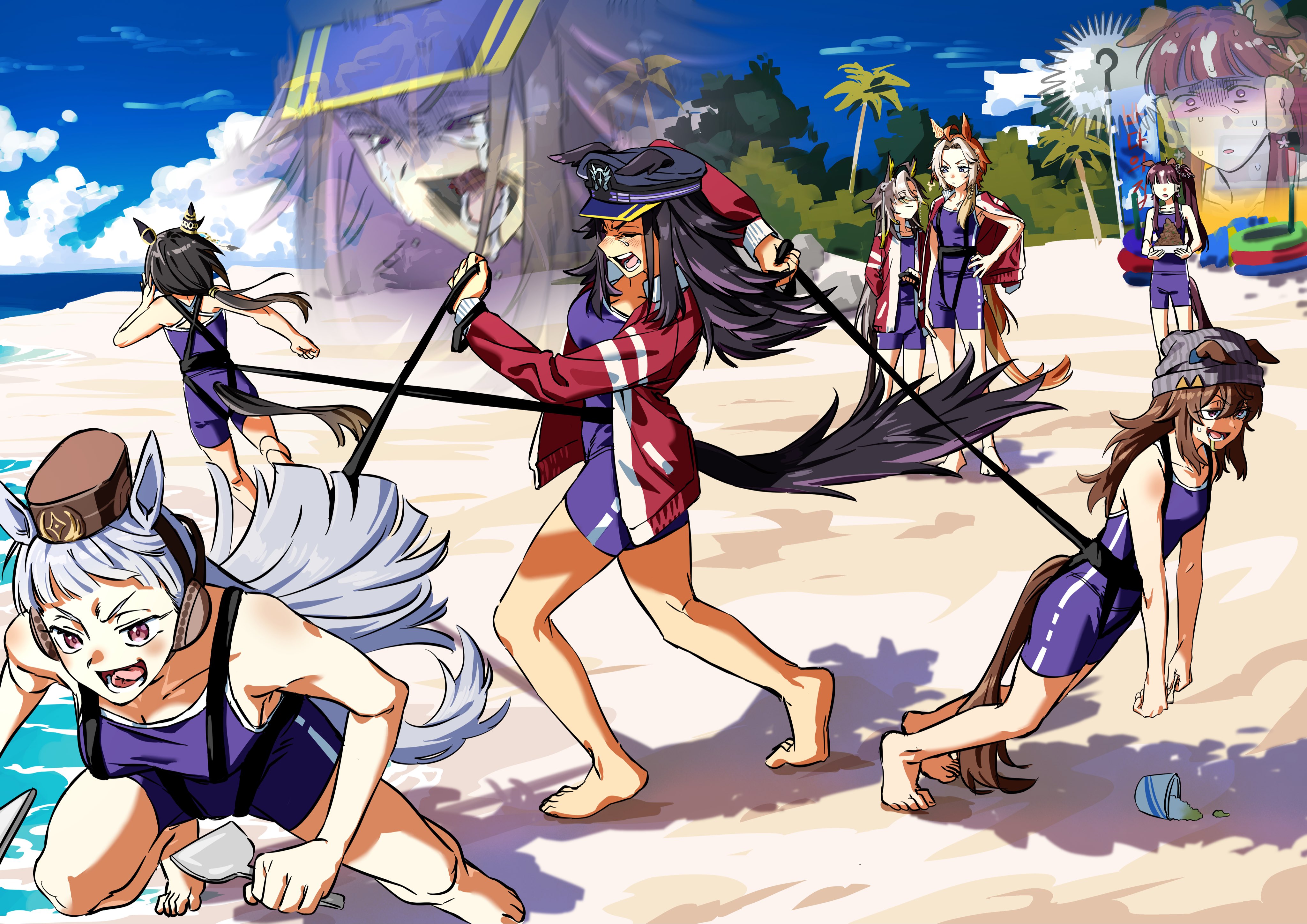 dream journey (umamusume), fenomeno (umamusume), gold ship (umamusume), lucky lilac (umamusume), nakayama festa (umamusume), orfevre (umamusume), stay gold (umamusume), umamusume, absurdres, highres, 6+girls, ?, animal ears, beach, beanie, black hair, blue one-piece swimsuit, brown hair, closed eyes, cloud, crying, ears through headwear, food, grey hair, grey hat, hat, horse ears, horse girl, horse tail, jacket, multicolored hair, multiple girls, one-piece swimsuit, open mouth, orange hair, palm tree, peaked cap, pink eyes, purple eyes, red jacket, shaved ice, swimsuit, tail, track jacket, tree, umagamja