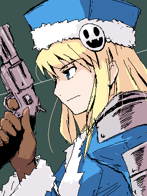 kanoe soushi, gunner (sekaiju), gunner 2 (sekaiju), jack frost (megami tensei), atlus, etrian odyssey, bad id, bad pixiv id, lowres, 1girl, armor, blonde hair, blue eyes, female focus, from side, gun, handgun, hat, jaggy lines, revolver, simple background, solo, weapon