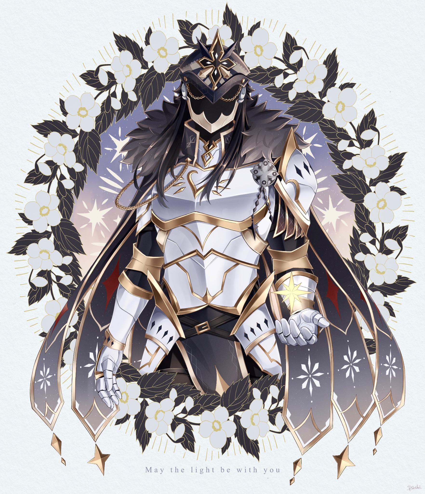 uouzzz, capitano (genshin impact), genshin impact, commentary, english commentary, highres, 1boy, alternate costume, arm up, armor, belt, belt buckle, black belt, black fur, black hair, black helmet, breastplate, buckle, cape, cropped legs, english text, faulds, fur trim, gauntlets, grey background, helmet, long hair, male focus, solo, white armor