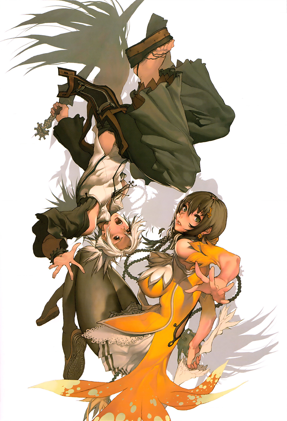 kim hyung tae, calintz, reith, magna carta, magna carta crimson stigmata, highres, braid, brown eyes, brown hair, dress, green eyes, hair ornament, long hair, miniskirt, pantyhose, pleated skirt, short hair, skirt, sword, weapon, white hair