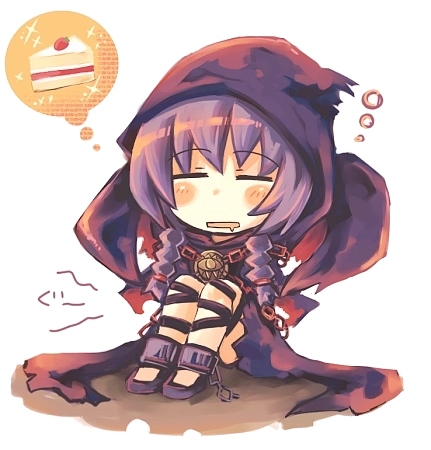 owari, owari (owari0413), curse maker, curse maker 2, atlus, etrian odyssey, bad id, bad pixiv id, lowres, 1girl, blush, braid, cake, cape, chain, chibi, closed eyes, female focus, food, hood, pastry, purple hair, saliva, solo, twin braids
