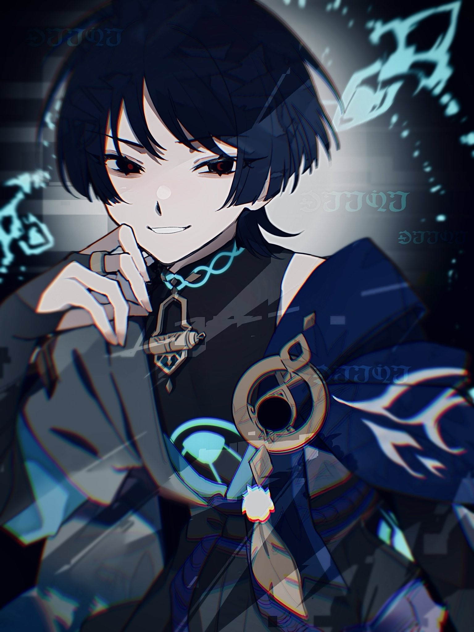 w02 14, scaramouche (genshin impact), wanderer (genshin impact), genshin impact, highres, 1boy, arm at side, belt, black belt, black bodysuit, black bow, black bridal gauntlets, black eyes, black gemstone, black hair, black shorts, blue kimono, blue rope, blue sash, blue sleeves, blunt ends, bodysuit, bow, bridal gauntlets, clothing cutout, dark persona, feathers, gem, glowing markings, gold, gold ring, hakama, hakama shorts, hand up, hip vent, japanese clothes, juban, kimono, layered sleeves, looking at viewer, male focus, mandarin collar, middle ring, monochrome background, open clothes, open kimono, open mouth, pleated shorts, pom pom (clothes), red pupils, rope, sash, short sleeves, shorts, shoulder peek, smirk, solo, vision (genshin impact), white kimono, white mouth, white sleeves, wispy bangs, yellow feathers