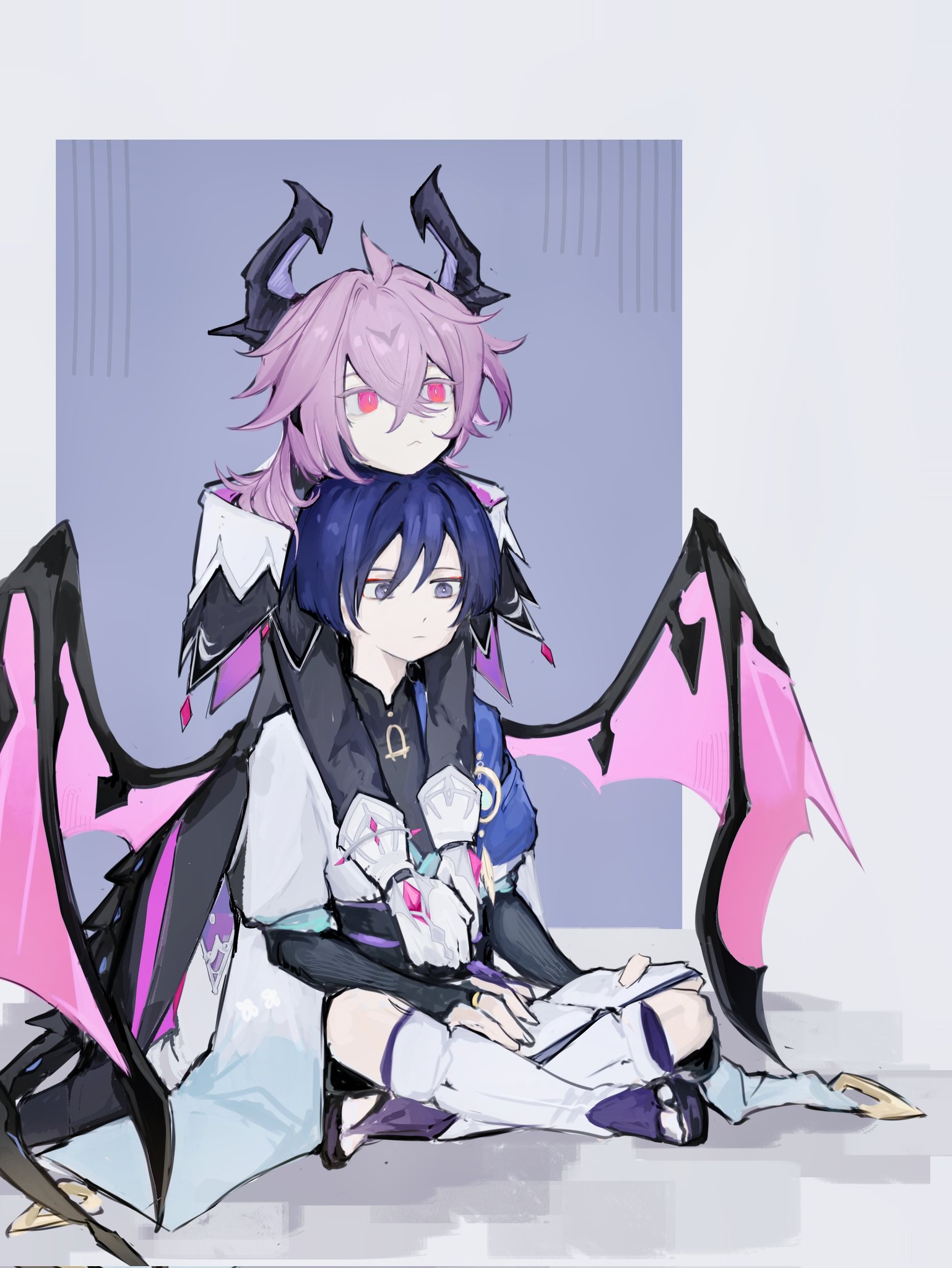 mini durin (genshin impact), mini durin (human) (genshin impact), scaramouche (genshin impact), wanderer (genshin impact), genshin impact, highres, 2boys, :<, ahoge, aqua sleeves, behind another, belt, black belt, black bodysuit, black bridal gauntlets, black coat, black collar, black horns, black sandals, black shorts, black sleeves, blue cape, blue gemstone, blue kimono, blunt ends, bodysuit, book, border, bridal gauntlets, bright pupils, cape, chin rest, clenched hand, closed mouth, coat, collar, crossed bangs, crystal, dragon boy, dragon horns, dragon wings, expressionless, eyeliner, eyeshadow, facial mark, fingernails, forehead mark, furisode, gem, gloves, gold, gold ring, grey eyes, hair between eyes, head on head, head rest, holding, holding book, horns, indian style, japanese clothes, juban, kimono, layered sleeves, leg warmers, low wings, makeup, mandarin collar, middle ring, molingxiao7, multiple boys, open book, open clothes, open kimono, pants, pink gemstone, pink hair, pink wings, purple background, purple hair, purple horns, reading, red eyeliner, red eyes, red eyeshadow, red gemstone, sandals, shorts, sitting, sketch, slit pupils, toeless legwear, two-sided horns, white border, white gloves, white kimono, white leg warmers, white pants, white pupils, white sleeves, wings, wispy bangs, zouri