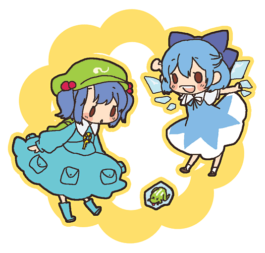 mitsubachi koucha, cirno, kawashiro nitori, touhou, bad id, bad pixiv id, 2girls, chibi, frog, hair bobbles, hair ornament, ice, multiple girls, two side up