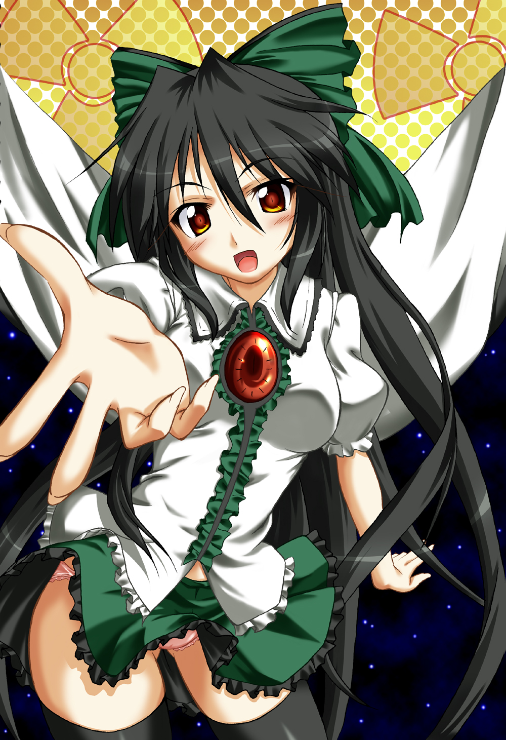 fuyuno taka, reiuji utsuho, touhou, bad id, bad pixiv id, highres, 1girl, black hair, black thighhighs, blush, bow, cape, clothes lift, female focus, foreshortening, hair bow, hair ornament, laughing, long hair, miniskirt, panties, pantyshot, red eyes, skirt, skirt lift, smile, solo, standing, thighhighs, underwear, very long hair, wind, wind lift, wings, yellow eyes, zettai ryouiki