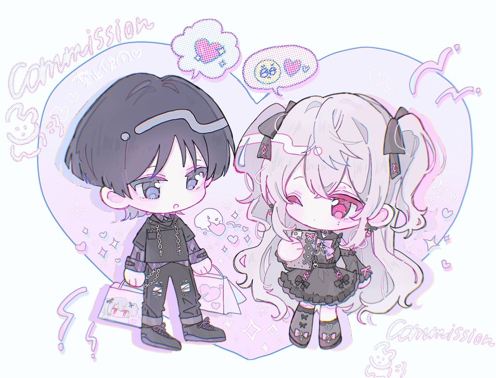 scaramouche (genshin impact), genshin impact, original, artist request, clothing request, commission, second-party source, translation request, 1boy, 1girl, alternate costume, arms at sides, asymmetrical legwear, black bow, black dress, black hair, black pants, black shirt, black shoes, black sleeves, blunt ends, bow, cellphone, character print, character profile, chibi, chinese text, circle hands, closed mouth, collared shirt, colored eyelashes, commissioner insert, contemporary, couple, cross-laced shoes, crossed bangs, detached sleeves, dress, dress bow, footwear bow, frilled dress, frilled sleeves, frills, ghost, grey hair, grey socks, grey thighhighs, hair between eyes, hair bow, hair intakes, hayami momo (hayamimomo), heart, heart background, hetero, holding, holding phone, layered shirt, layered sleeves, long hair, long sleeves, mole, mole under eye, multicolored hair, oc x canon, one eye closed, open mouth, pants, phone, pink bow, pink eyes, plaid clothes, plaid shirt, purple eyes, purple shirt, purple sleeves, shirt, shoes, short over long sleeves, short sleeves, socks, spoken emoji, spoken heart, streaked hair, thighhighs, two side up, very long hair, wispy bangs