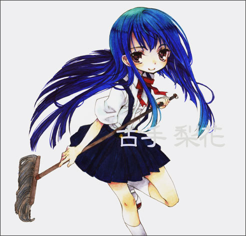 mitsubachi koucha, furude rika, higurashi no naku koro ni, bad id, bad pixiv id, lowres, 00s, 1girl, blue eyes, broom, brown eyes, child, female focus, long hair, miniskirt, pleated skirt, ribbon, school uniform, shoes, skirt, smile, socks, solo, suspender skirt, suspenders, very long hair