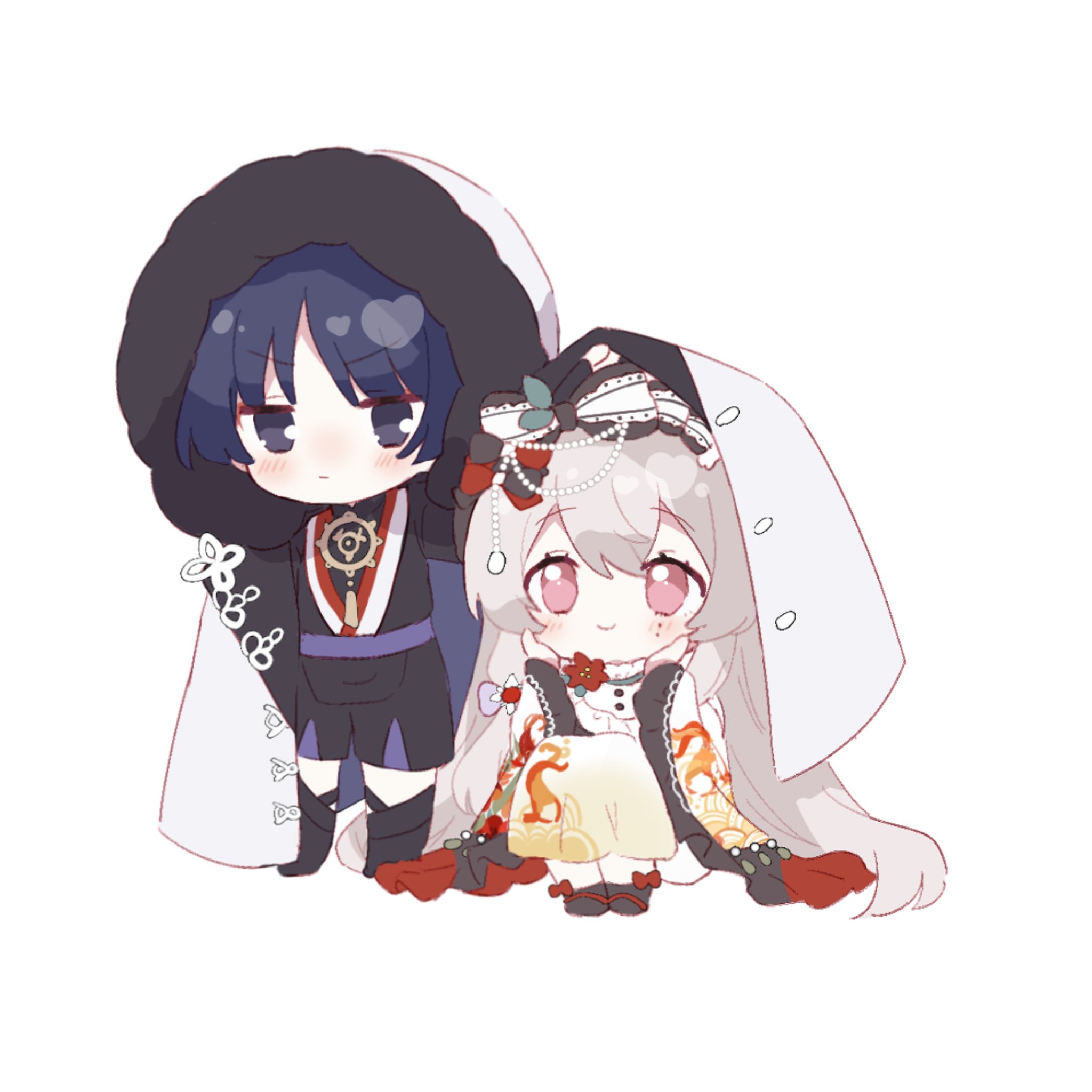 scaramouche (genshin impact), genshin impact, original, artist request, commission, highres, second-party source, 1boy, 1girl, black bodysuit, black bow, black eyes, black hair, black shoes, black shorts, black sleeves, black socks, blunt ends, blush, bodysuit, bow, chibi, closed mouth, coat, coat over head, collar, commissioner insert, couple, eyeliner, eyeshadow, fatui coat, footwear bow, frown, fur-trimmed coat, fur-trimmed hood, fur trim, gold, hair between eyes, hands on own cheeks, hands on own face, hayami momo (hayamimomo), hetero, hood, hood up, hooded coat, hoodie, improvised umbrella, japanese clothes, juban, kimono, lace-trimmed bow, lace-trimmed sleeves, lace trim, layered shorts, long hair, long sleeves, looking at another, looking up, makeup, mole, mole under eye, oc x canon, open clothes, open kimono, pink eyes, purple sash, purple shorts, red eyeliner, red eyeshadow, red kimono, sash, seigaiha, shoes, shorts, side-by-side, smile, socks, squatting, standing, tareme, very long hair, white background, white coat, white collar, white hair, white hoodie, white kimono, white sleeves, wide sleeves, wispy bangs