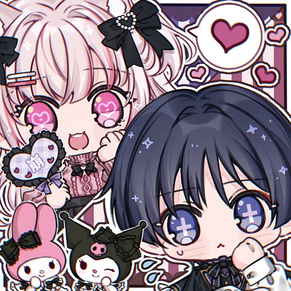 kuromi, my melody, scaramouche (genshin impact), genshin impact, onegai my melody, original, sanrio, artist request, commission, second-party source, 1boy, 1girl, :<, alternate costume, animal ears, black bow, black capelet, blunt ends, bow, cable knit, capelet, casual, cat ears, cat girl, closed mouth, collar, commissioner insert, contemporary, couple, cross-shaped pupils, crossover, eyelashes, eyeliner, eyeshadow, flying sweatdrops, frilled capelet, frilled collar, frills, hair bow, hair intakes, hair ornament, hand on own face, hand up, hayami momo (hayamimomo), heart, heart-shaped pupils, heart hair ornament, hetero, holding, light blush, looking at viewer, makeup, multicolored hair, oc x canon, open mouth, pink collar, pink eyes, pink hair, pink sweater, red eyeliner, red eyeshadow, ribbed collar, streaked hair, striped background, sweater, symbol-shaped pupils, tareme, teeth, upper teeth only, wispy bangs