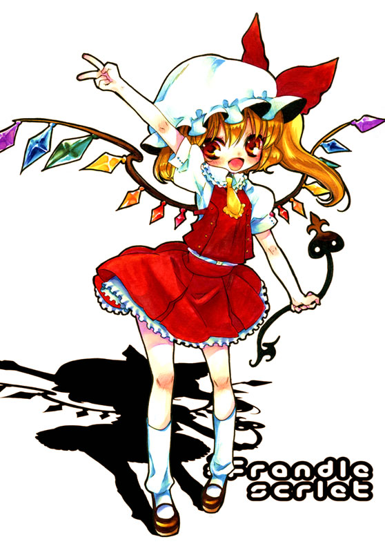 mitsubachi koucha, flandre scarlet, embodiment of scarlet devil, touhou, bad id, bad pixiv id, tagme, 1girl, blouse, brown shoes, character name, collared shirt, female focus, full body, hair between eyes, hat, laevatein, mob cap, shadow, shirt, shoes, socks, solo, v, white hat, white shirt, white socks