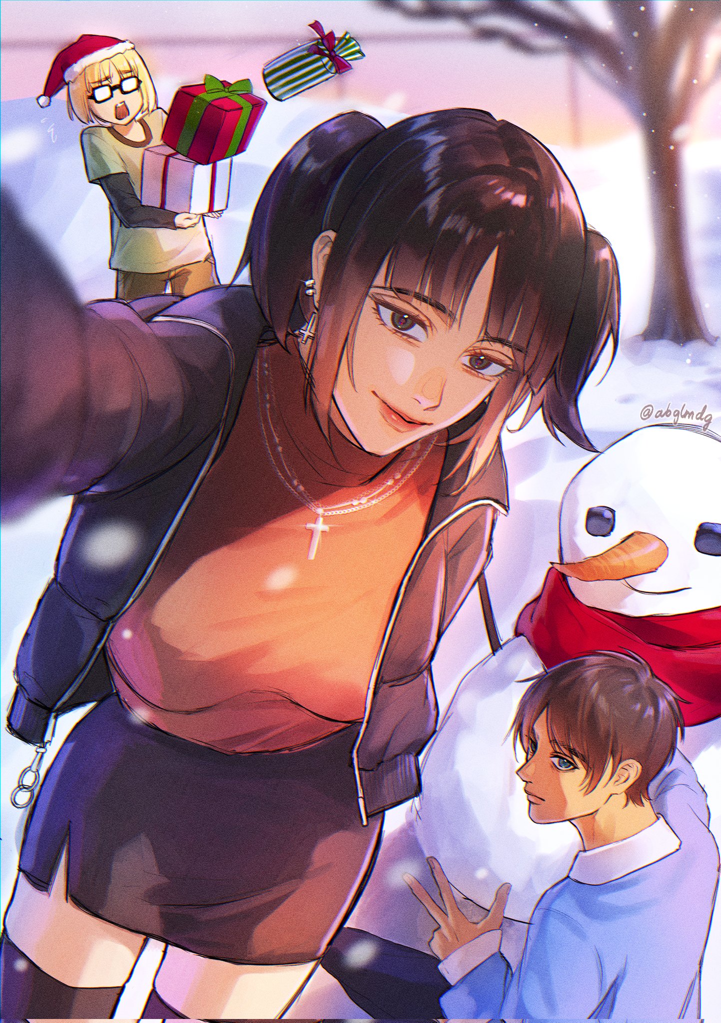 abglmdg, shingeki no kyojin, highres, 1girl, 2boys, black hair, black jacket, black pantyhose, black shirt, black skirt, black thighhighs, blonde hair, blue sweater, blurry, blurry background, box, breasts, brown hair, brown shirt, cross, cross earrings, cross necklace, earrings, gift, gift box, glasses, green shirt, grey hair, hat, holding, holding box, holding gift, jacket, jewelry, medium breasts, multiple boys, necklace, official alternate hairstyle, pantyhose, parted bangs, red scarf, santa hat, scarf, selfie, shirt, shirt under shirt, shirt under sweater, short hair, skirt, smile, snowman, sweater, thighhighs, tree, twintails, twitter username, upper body, v, white shirt, zettai ryouiki
