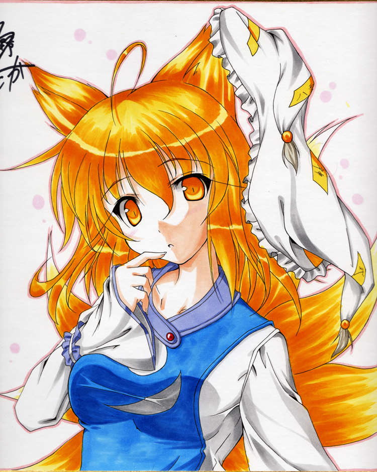 fuyuno taka, yakumo ran, touhou, bad id, bad pixiv id, marker (medium), traditional media, 1girl, ahoge, animal ears, blonde hair, female focus, fox ears, fox tail, hat, kitsune, kyuubi, multiple tails, shikishi, short hair, solo, tail, yellow eyes