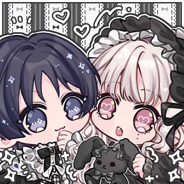 scaramouche (genshin impact), genshin impact, original, artist request, commission, second-party source, 1boy, 1girl, :3, black dress, black hair, black sleeves, blunt bangs, blunt ends, bonnet, chibi, clenched hand, closed mouth, collar, commissioner insert, couple, dress, frilled collar, frilled sleeves, frills, gothic lolita, grey sleeves, hand up, hayami momo (hayamimomo), heart, heart-shaped pupils, hetero, layered sleeves, lolita fashion, long sleeves, looking at another, mole, mole under eye, oc x canon, open mouth, pink eyes, puffy sleeves, purple eyes, rabbit, smile, sparkling eyes, stuffed toy, symbol-shaped pupils, tareme, teeth, upper teeth only, white collar, white hair, wispy bangs
