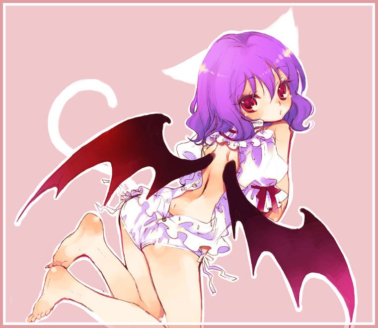 mitsubachi koucha, remilia scarlet, touhou, bad id, bad pixiv id, 1girl, barefoot, bat wings, feet, female focus, looking back, panties, solo, underwear, wings