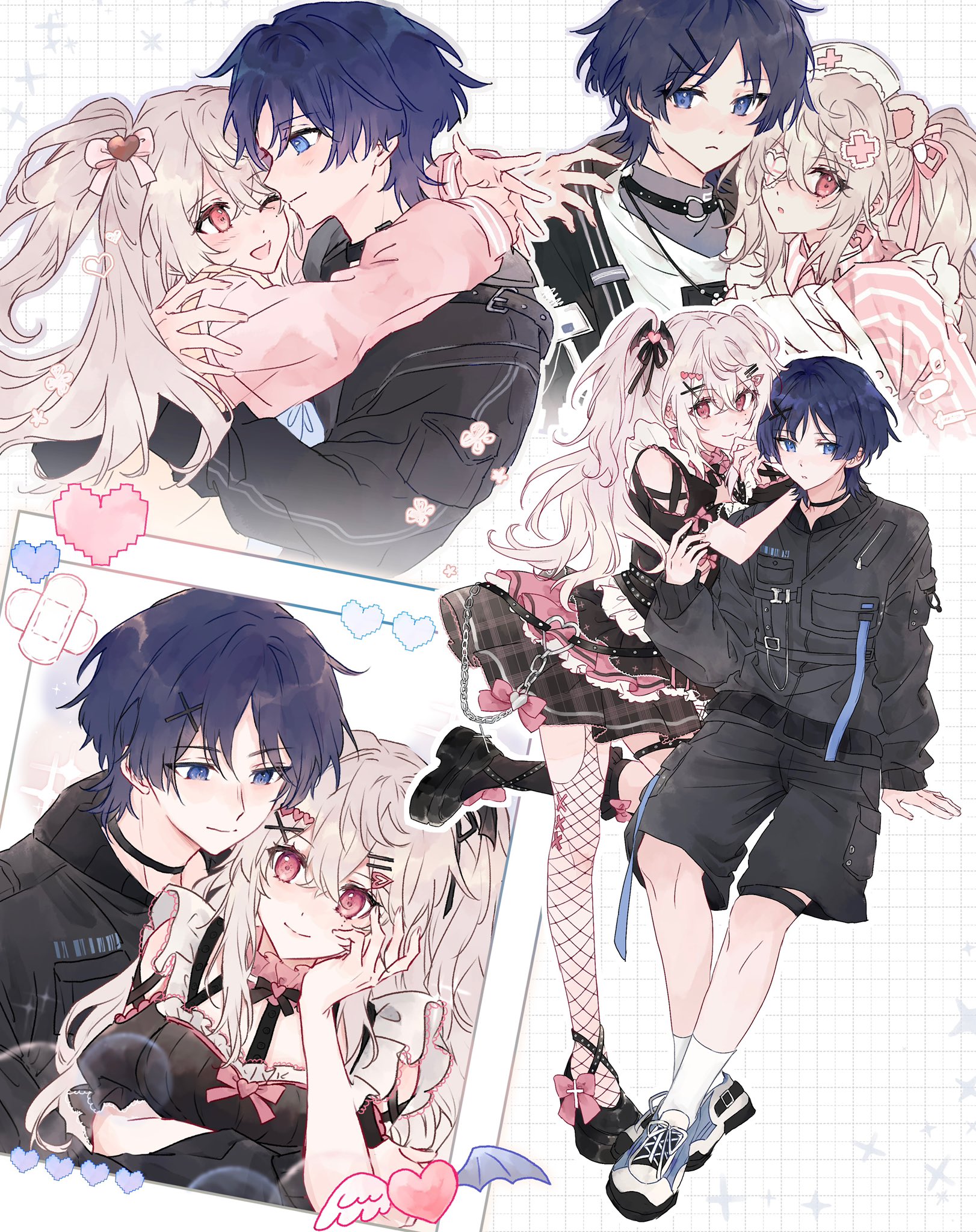 scaramouche (genshin impact), genshin impact, original, artist request, commission, highres, second-party source, 1boy, 1girl, alternate costume, animal ears, arm at side, arm cutout, arm rest, arms around neck, asymmetrical legwear, bear ears, black choker, black dress, black hair, black jacket, black ribbon, black shirt, black shoes, black shorts, black skirt, black socks, blue eyes, blunt ends, blush, bomber jacket, bow, breast pocket, breasts, casual, choker, closed mouth, clothing cutout, commissioner insert, contemporary, couple, cross-laced shoes, dress, earrings, eyelashes, eyepatch, fake animal ears, fishnet pantyhose, fishnets, foot up, frilled shirt, frilled sleeves, frills, grey shirt, grid background, hair between eyes, hair bow, hair ornament, hair ribbon, hairclip, hand on another's shoulder, hand on own face, hat, hayami momo (hayamimomo), heart, heart earrings, heart eyepatch, heart hair ornament, hetero, hug, jacket, jewelry, kneehighs, light blush, looking at another, looking at viewer, medium breasts, mismatched legwear, mole, mole under eye, multiple views, nurse, nurse cap, o-ring, o-ring choker, oc x canon, one eye closed, open mouth, own hands together, pantyhose, parted bangs, photo (object), pink bow, pink eyes, pink sleeves, plaid clothes, plaid skirt, pleated skirt, pocket, puffy sleeves, ribbon, shirt, shoes, shorts, single leg pantyhose, skirt, smile, sneakers, socks, striped clothes, striped shirt, sweater vest, tareme, thigh strap, thighlet, turtleneck, turtleneck shirt, two side up, undershirt, white hair, white shirt, white shoes, white socks, white trim, wing hair ornament, wispy bangs, x hair ornament, yellow sweater vest