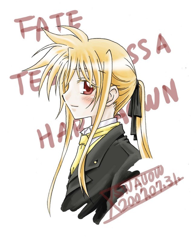 fate testarossa, lyrical nanoha, mahou shoujo lyrical nanoha, 00s, 1girl, 2007, blonde hair, blush, character name, dated, female focus, formal clothes, pant suit, pants, red eyes, smile, solo, suit