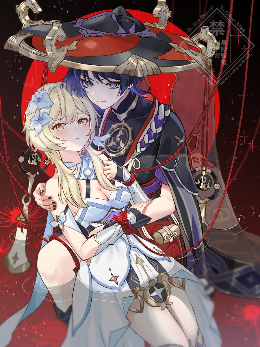 snow20200, lumine (genshin impact), scaramouche (genshin impact), genshin impact, highres, 1boy, 1girl, arm cutout, armor, bare shoulders, black bodysuit, black corset, black hat, black kimono, black mask, black nails, black shorts, black sleeves, blonde hair, blue flower, blue trim, blunt ends, blush, bodysuit, bound, bound wrists, breasts, bright pupils, cleavage, clenched hand, closed mouth, clothing cutout, corset, covered collarbone, detached sleeves, dress, eyelashes, eyeliner, eyeshadow, fatui logo, feather hair ornament, feathers, flower, furisode, gold, gold trim, grey veil, hair flower, hair ornament, halterneck, hand on another's arm, hand on another's hip, hand on another's shoulder, hand on own chest, hat, hetero, japanese armor, japanese clothes, jewelry, jingasa, juban, kimono, kote, kurokote, large breasts, layered sleeves, looking at viewer, lying on lap, makeup, mandarin collar, mask, mask on head, mitsudomoe (shape), moon, multicolored flower, neck ring, open clothes, open kimono, open mouth, purple eyes, purple hair, purple sash, purple sleeves, red background, red eyeliner, red eyeshadow, red hat, red kimono, red moon, red rope, red sash, ripples, rope, sash, scarf, see-through clothes, see-through veil, short hair, short hair with long locks, short sleeves, shorts, sidelocks, smile, spider lily, tomoe (symbol), tsurime, two-tone hat, vambraces, veil, wading, watermark, white dress, white feathers, white flower, white kimono, white pupils, white scarf, white sleeves, wispy bangs, yellow eyes