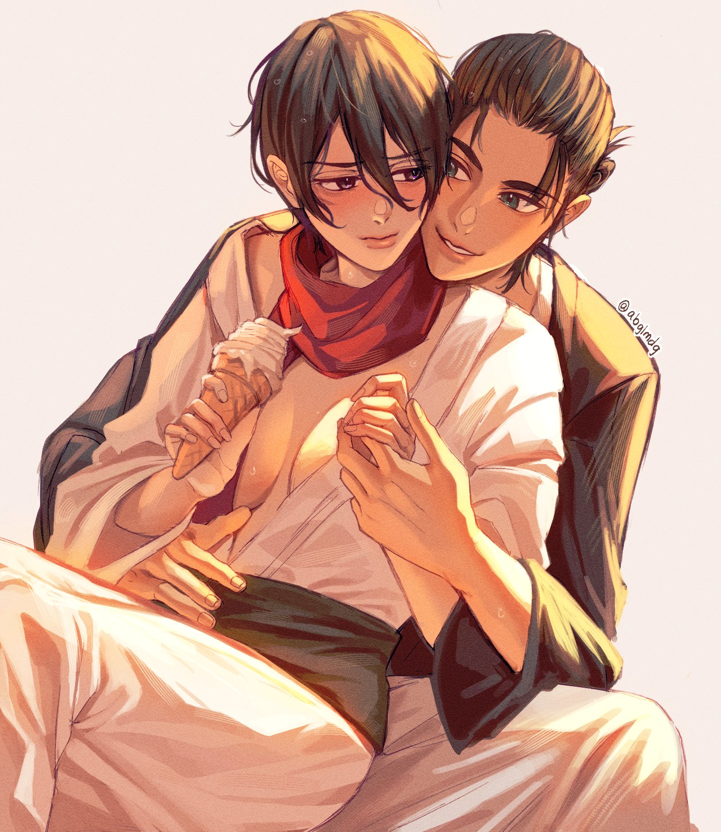 abglmdg, eren yeager, mikasa ackerman, shingeki no kyojin, highres, 1boy, 1girl, arm around waist, black kimono, blush, breasts, cleavage, closed mouth, couple, facial scar, grey background, hair between eyes, hair bun, hetero, holding, holding hands, holding ice cream cone, hug, hug from behind, ice cream cone, japanese clothes, kimono, looking at another, medium breasts, medium hair, open clothes, open kimono, parted lips, red scarf, scar, scar on cheek, scar on face, scarf, short hair, smile, twitter username, updo, upper body, white kimono