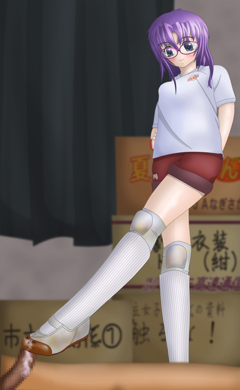 cum, footjob, glasses, gym uniform, purple hair, shoejob, shoes, uwabaki