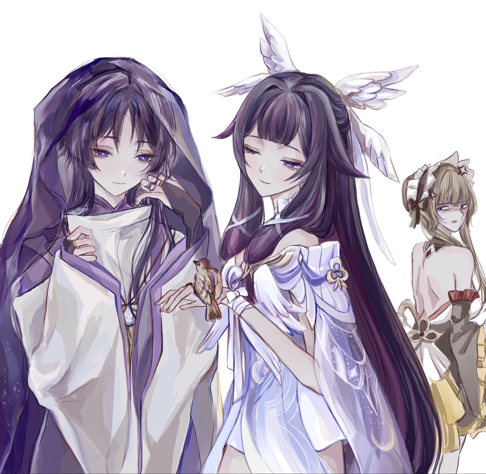 renyupa, columbina (genshin impact), sandrone (genshin impact), scaramouche (genshin impact), scaramouche (kabukimono) (genshin impact), genshin impact, commentary, english commentary, highres, 1boy, 2girls, alternate hair length, alternate hairstyle, angel wings, anger vein, annoyed, backless dress, backless outfit, bare shoulders, bird, bird on hand, black bow, black bridal gauntlets, black collar, black sleeves, blue eyes, blunt bangs, blunt ends, bow, bowtie, breasts, bridal gauntlets, bright pupils, center-flap bangs, cleavage, closed mouth, clothing cutout, collar, cowlick, crescent print, detached collar, detached sleeves, dress, eurasian tree sparrow, eyelashes, eyeliner, eyeshadow, feathered wings, fingernails, frilled dress, frilled sleeves, frills, gem, gold ring, hair bow, hair ornament, hair ribbon, hair tubes, hand in own hair, hands up, japanese clothes, kariginu, kimono, large bow, layered sleeves, long hair, long sleeves, looking at another, looking back, makeup, median furrow, medium breasts, middle ring, multicolored hair, multiple girls, multiple wings, off shoulder, one eye closed, parted lips, pink hair, purple eyes, purple gemstone, purple hair, purple kimono, purple sleeves, red eyeliner, red eyeshadow, ribbon, see-through clothes, see-through sleeves, short hair, short hair with long locks, shoulder blades, shoulder cutout, sidelocks, sketch, smile, sparrow, squinting, streaked hair, tress ribbon, tsurime, very long hair, white background, white bow, white bowtie, white dress, white headdress, white pupils, white ribbon, white sleeves, white wings, wide sleeves, winding key, wing hair ornament, wing ornament, wings, wispy bangs, wrist bow, yellow bow