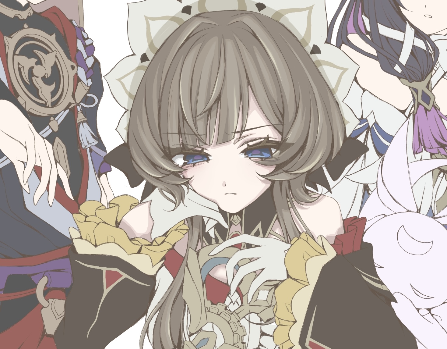 columbina (genshin impact), sandrone (genshin impact), scaramouche (genshin impact), genshin impact, 1boy, 2girls, bare shoulders, black bodysuit, black bow, black collar, black kimono, black sleeves, blue eyes, blunt bangs, blunt tresses, bodysuit, bow, collar, detached collar, detached sleeves, dress, eyelashes, frilled sleeves, frills, gloves, gold, grey veil, hair bow, hair ribbon, hair tubes, hand on another's face, hands up, head rest, holding, japanese clothes, jewelry, juban, kimono, layered sleeves, looking at object, looking down, luonnotar (genshin impact), mandarin collar, mitsudomoe (shape), multiple girls, neck ring, o-ring, open hand, open mouth, out of frame, purple pupils, purple rope, purple sash, purple sleeves, red kimono, red sash, ribbon, rope, sash, shimenawa, short sleeves, swept bangs, tassel, tomoe (symbol), tress ribbon, tsurime, tuyu name4, veil, white background, white dress, white gloves, white headdress, white kimono, white mouth, white ribbon, white rope, winding key