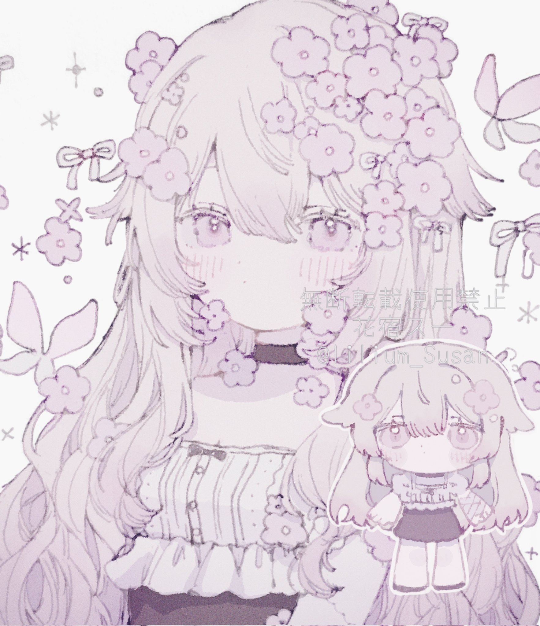 lilium susan, original, commission, highres, skeb commission, 1girl, chibi, chibi inset, choker, dress, flower, hair flower, hair ornament, long hair, looking at viewer, multiple views, short dress, upper body, watermark